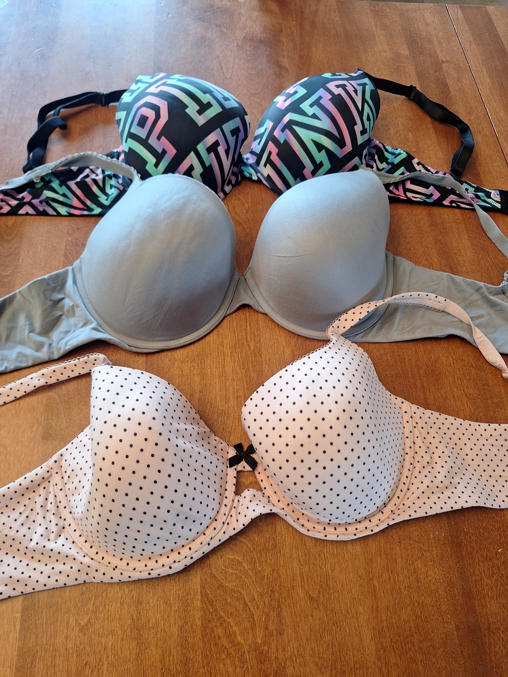 Victoria's Secret Black Multi, Gray & Cream Dot 3-Pack T-Shirt Bras